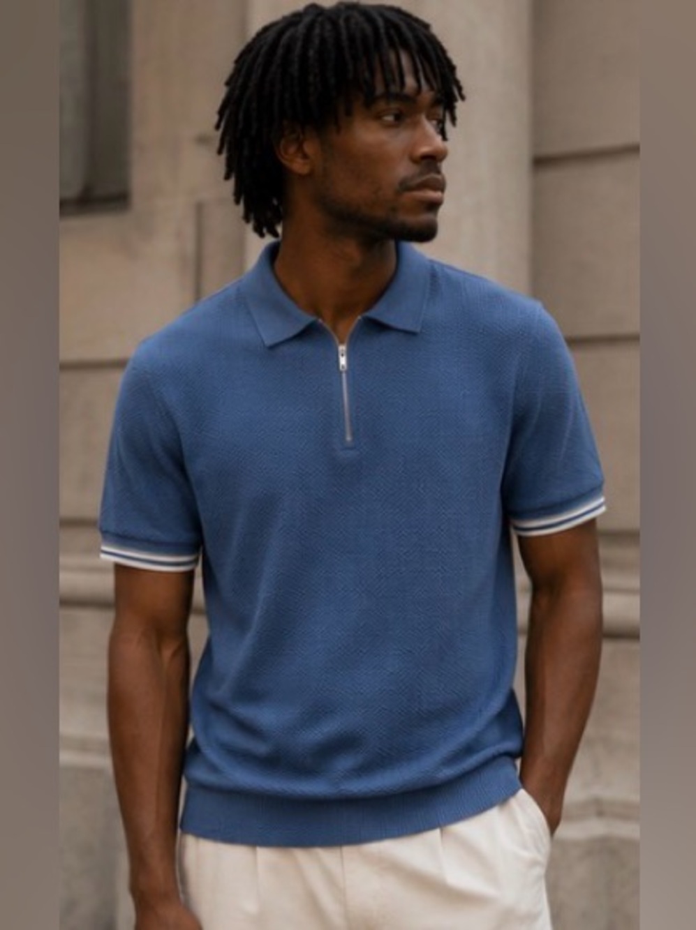 Primark Textured Blue Polo with White Trim